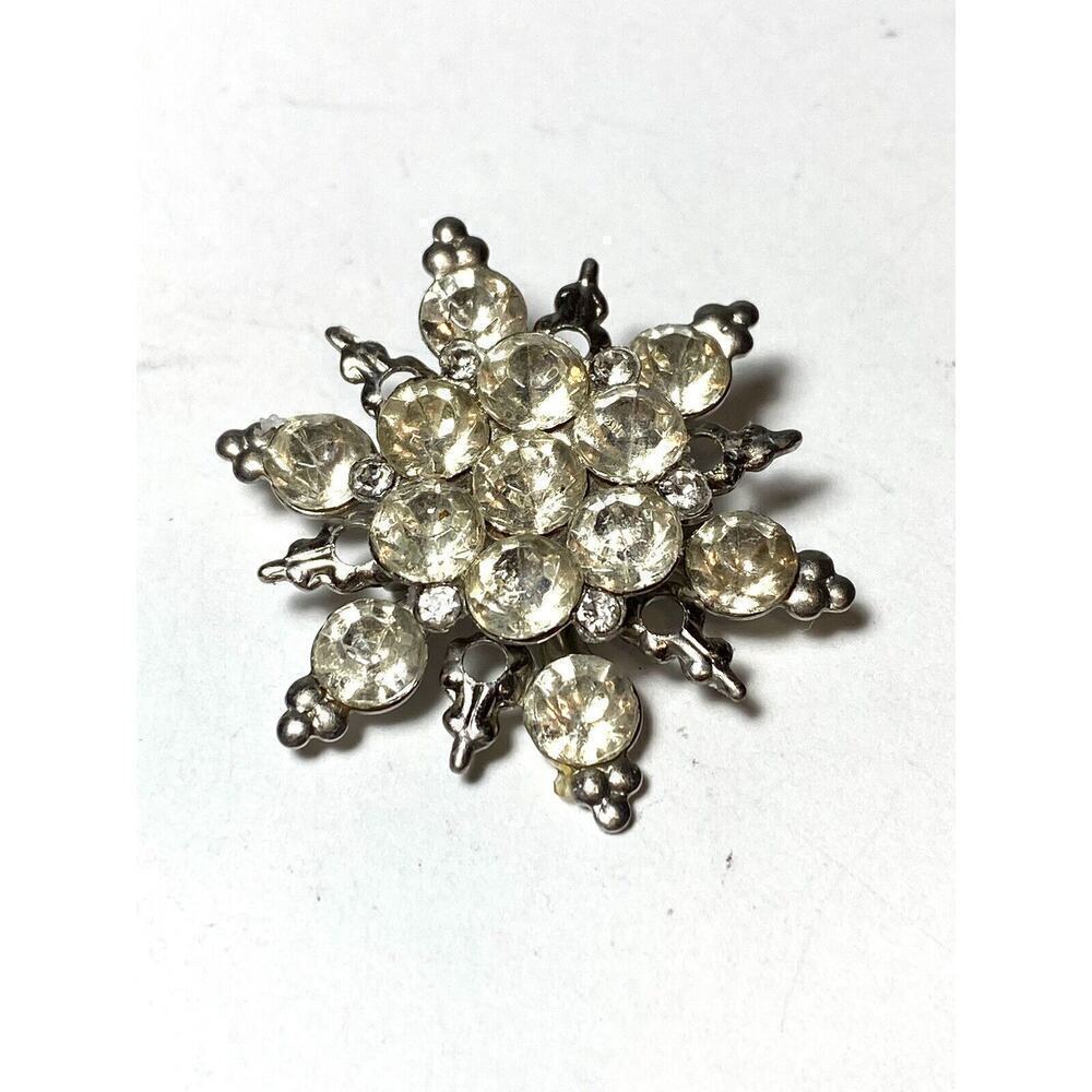 Vintage Brooch Pin Snowflake Rhinestones Silver Tone Estate